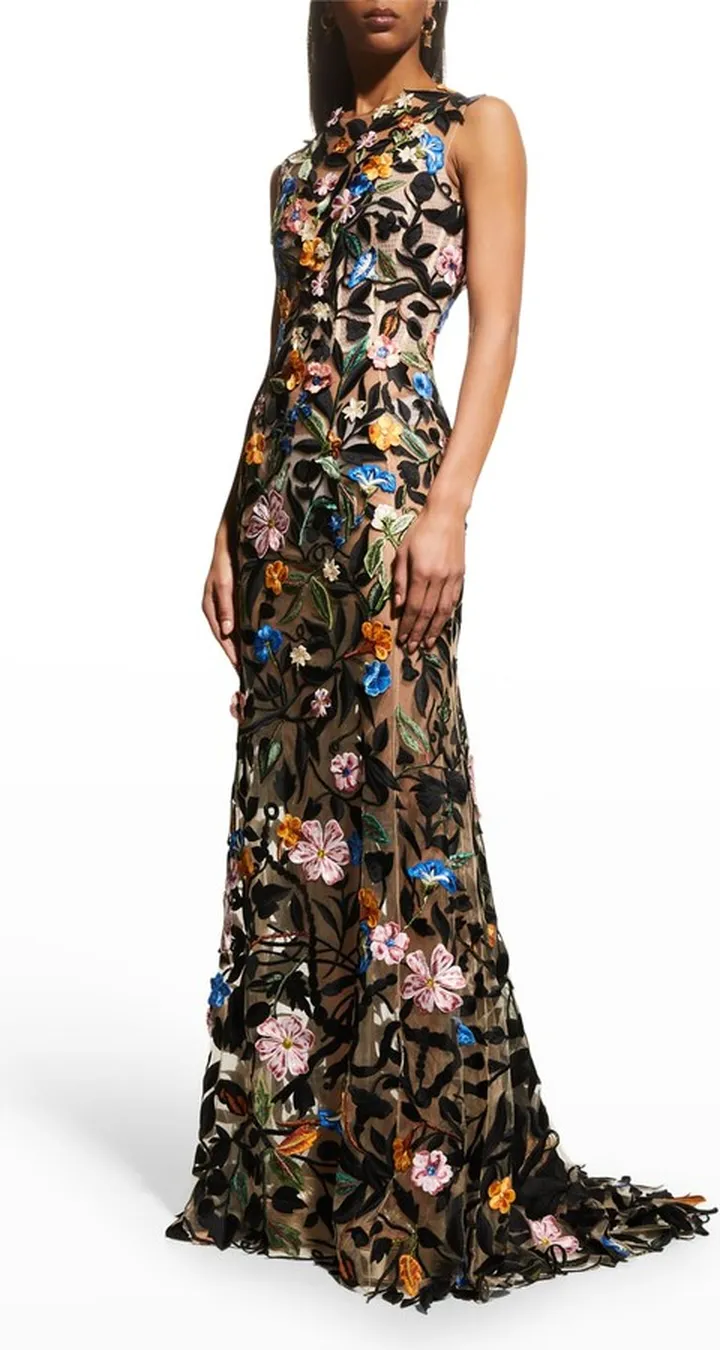 Floral Embroidered Lace-Up Corset Illusion Gown