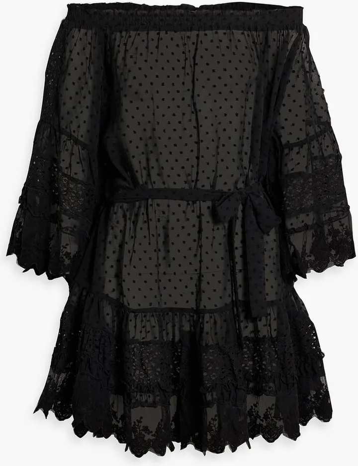 Alice off-the-shoulder lace-paneled Swiss-dot mini dress