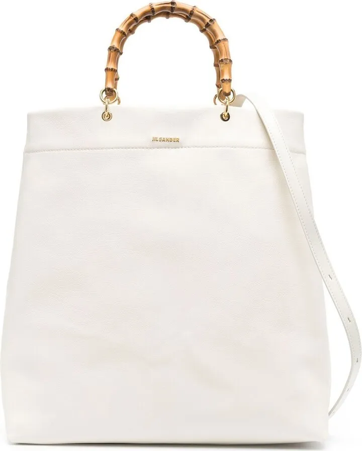 White Bamboo Handle Leather Tote Bag