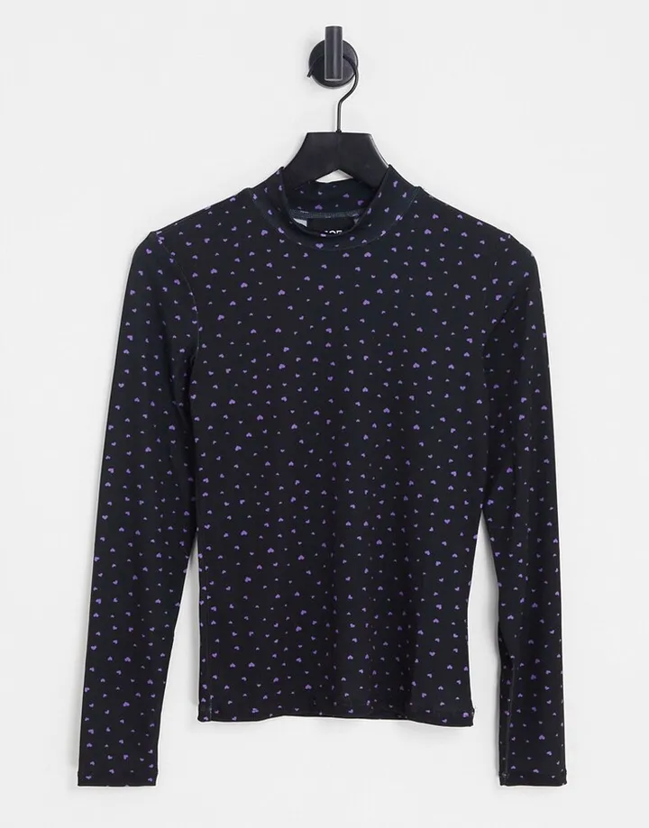 Pieces long sleeve top in black with purple hearts