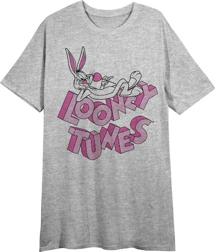 Looney Tunes Bugs Bunny and Series Title Logo Women’s Gray Short Sleeve Crew Neck Sleep Shirt-Medium