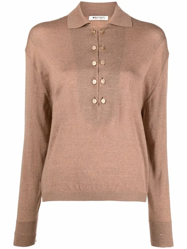 Long-Sleeve Wool Polo Top