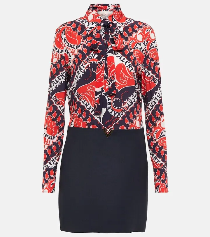 Tie-neck printed silk minidress