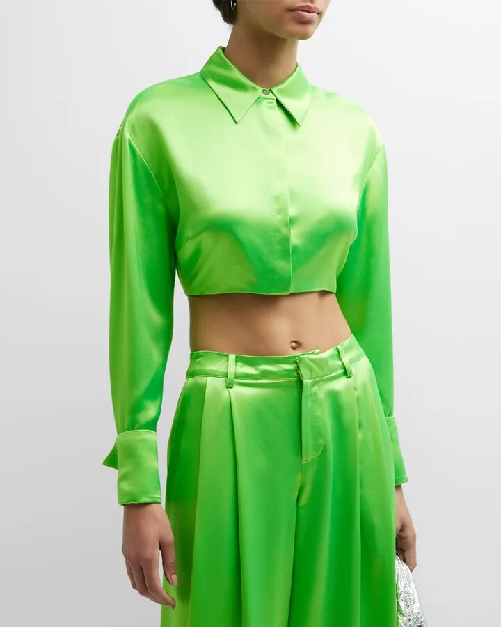 Baretto Drop-Shoulder Satin Crop Shirt