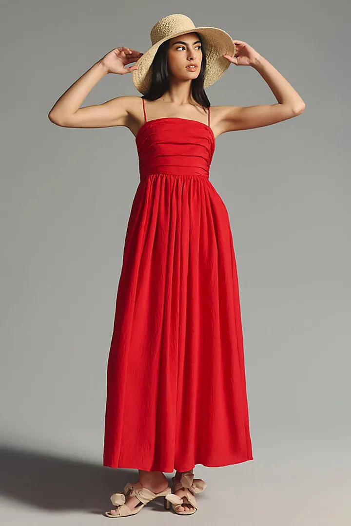 The Lorelei Ruched-Bodice Midi Dress Red