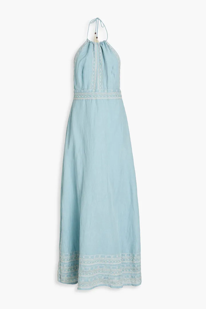 Ophelia embroidered linen-canvas halterneck midi dress