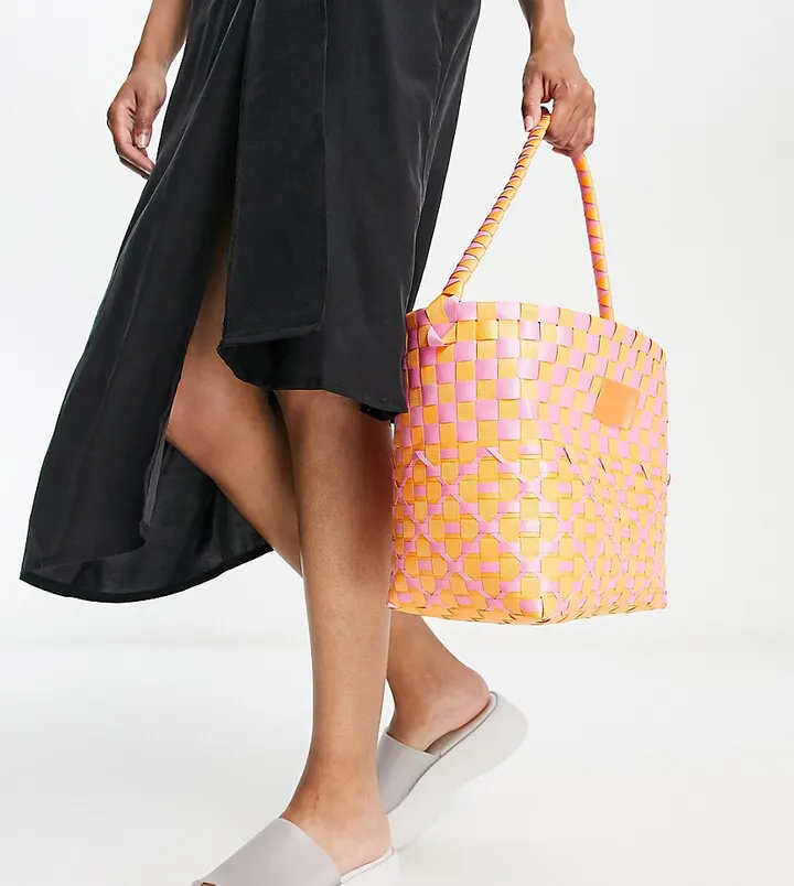 Reclaimed Vintage Inspired woven basket bag in pink and orange