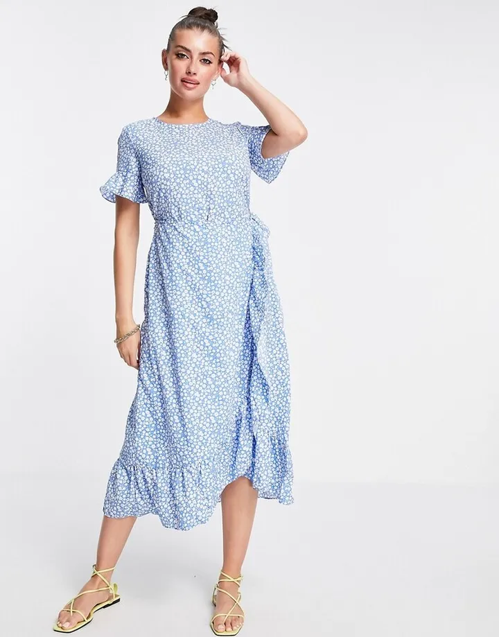 Vero Moda frill detail midi dress in blue spot