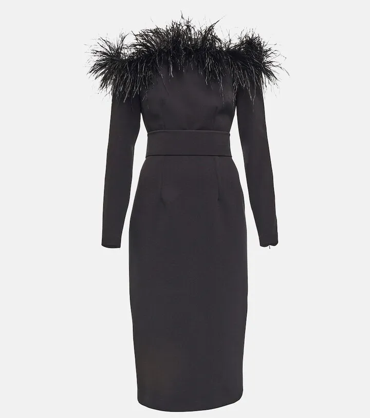 Feather-trimmed midi dress