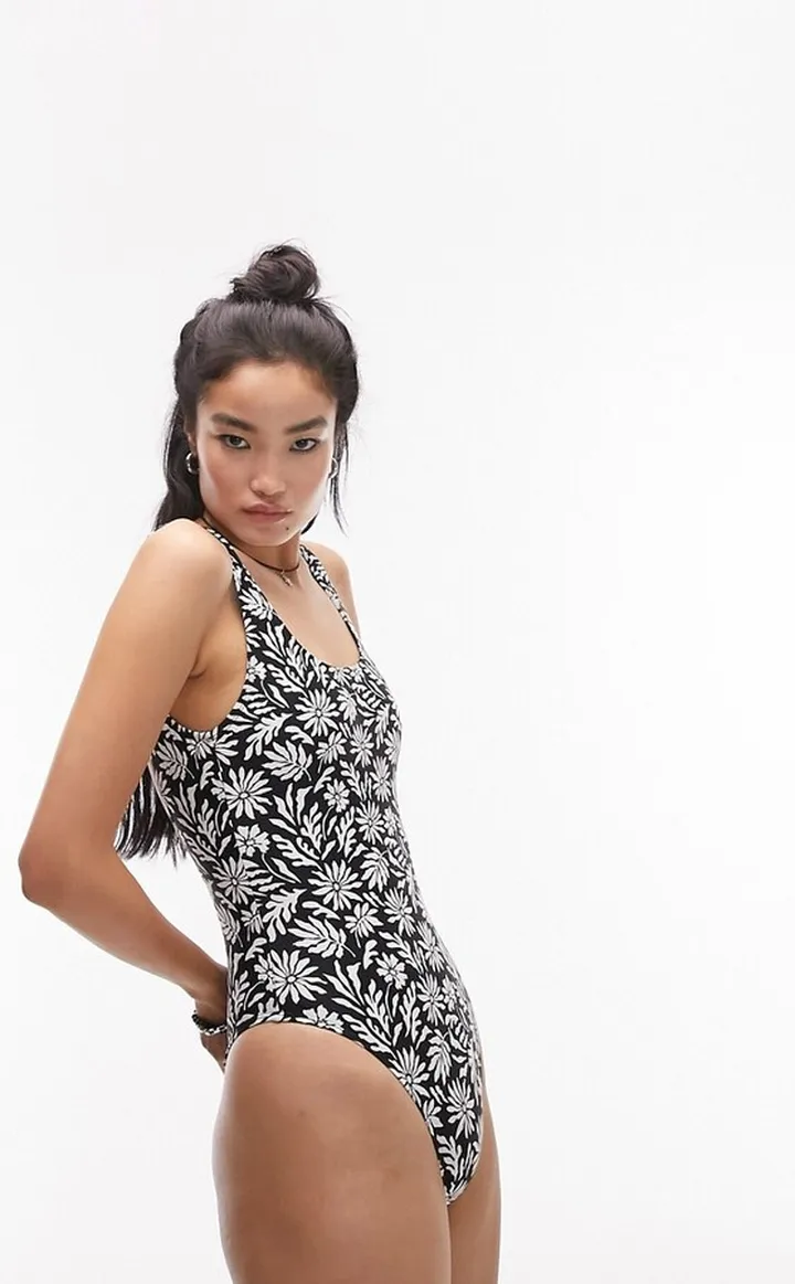 Topshop abstract floral scoop back swimsuit in monochrome