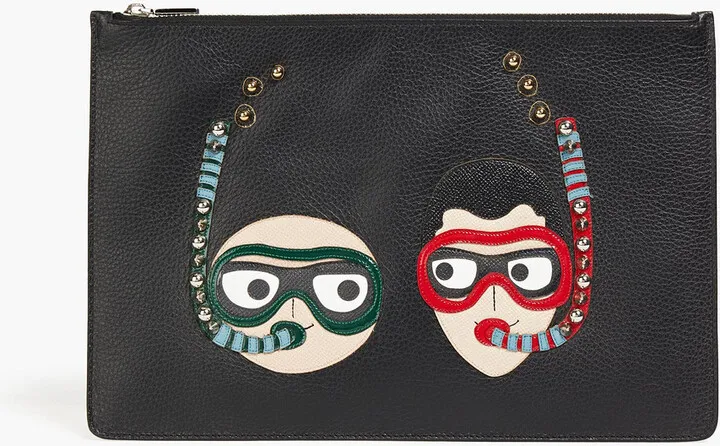 Appliquéd pebbled-leather pouch