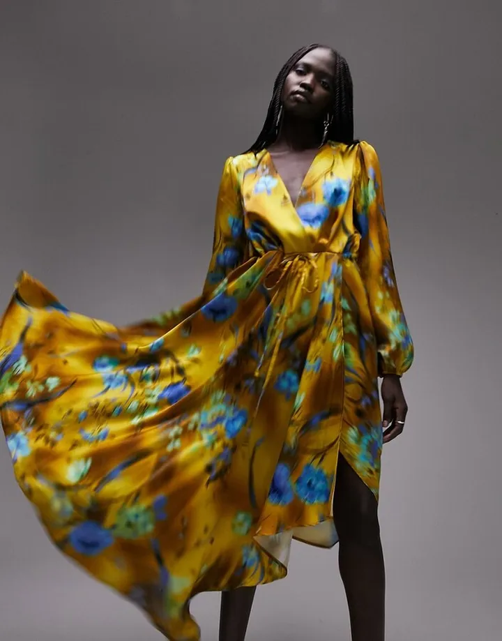 Topshop blurred floral waterfall hem wrap midi occasion dress in green and blue
