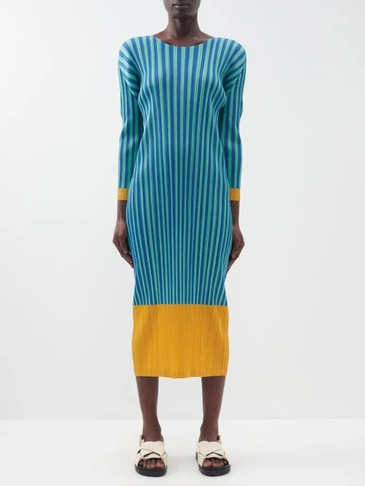 Striped Technical-pleated Midi Dress