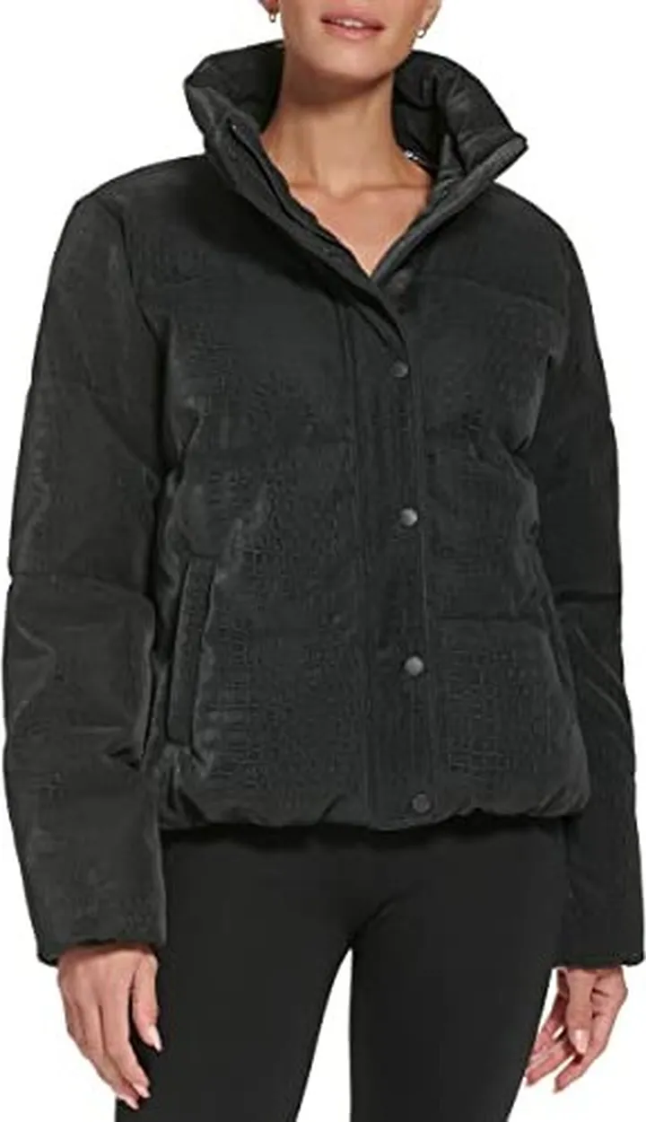 DKNY Women's Sport Debossed Croc Print Faux Leather Puffer Jacket