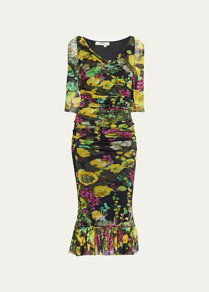 Ruched Floral-Print Tulle Midi Dress