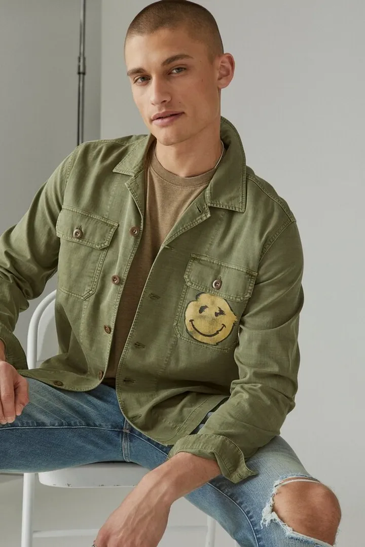 Herringbone Smiley Face Workwear Shirt