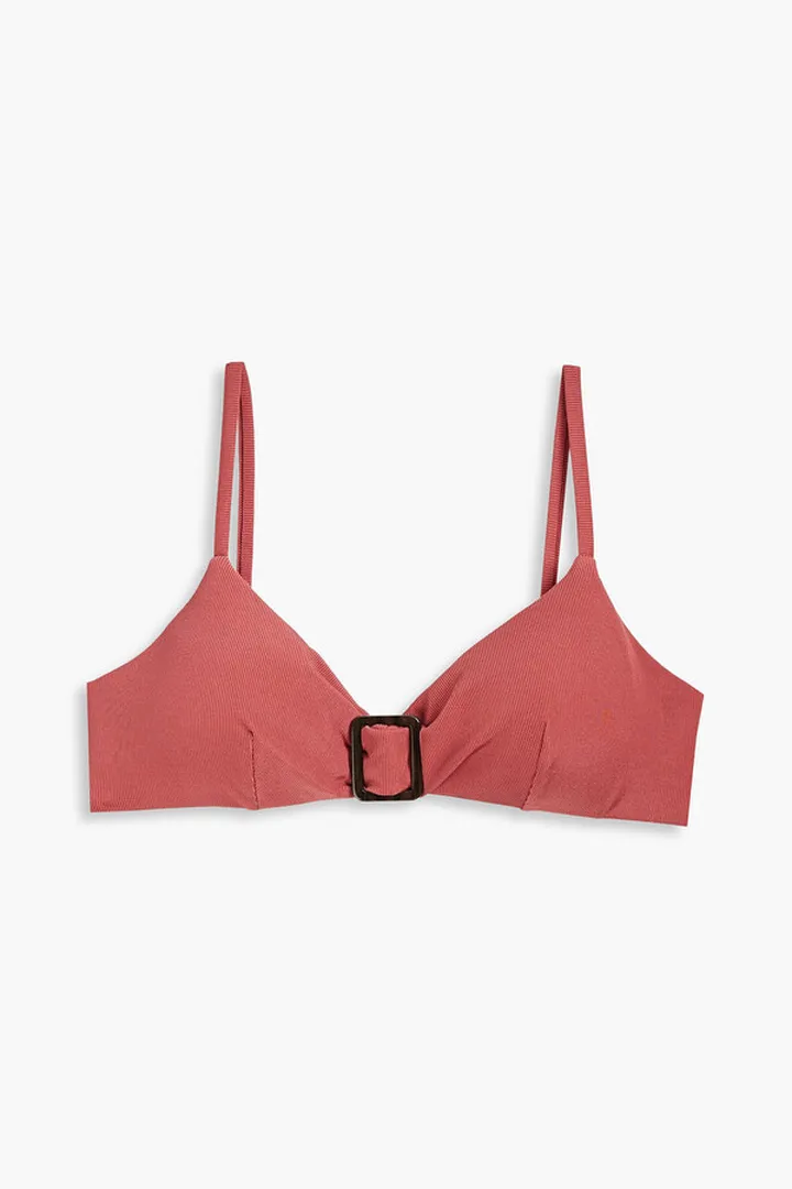 Buckle-embellished ribbed bikini top