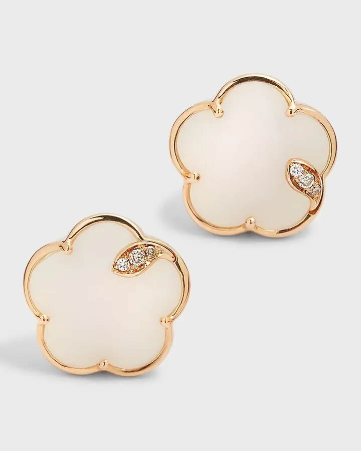 Joli 18k Rose Gold White Agate Floral Stud Earrings with Diamonds