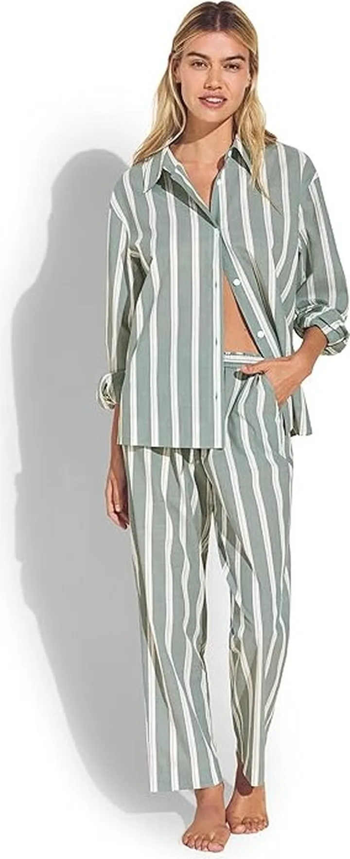 Eberjey Organic Sandwashed Cotton Printed - The Long PJ Set (Willow Green Stripe) Women's Pajama Sets