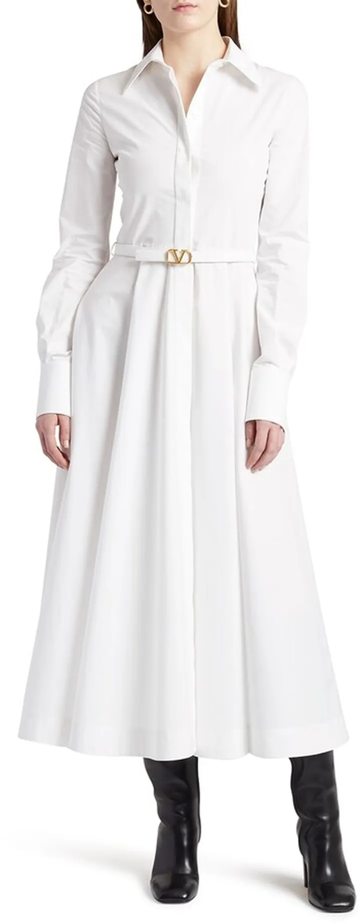 V-Logo Belted Poplin Midi Shirtdress