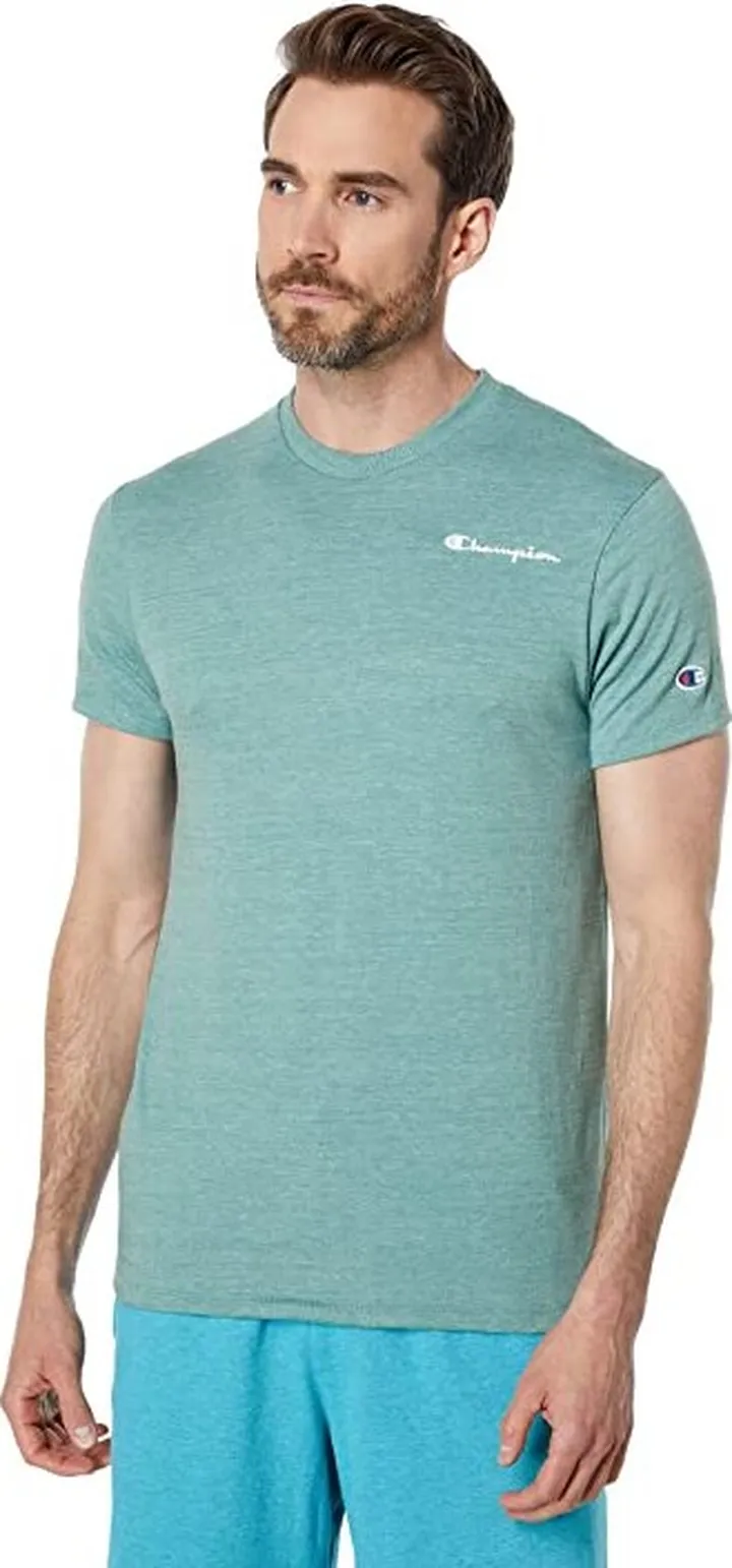Champion Powerblend(r) Small Logo Short Sleeve Tee (Aqua Tonic Heather) Men's Clothing