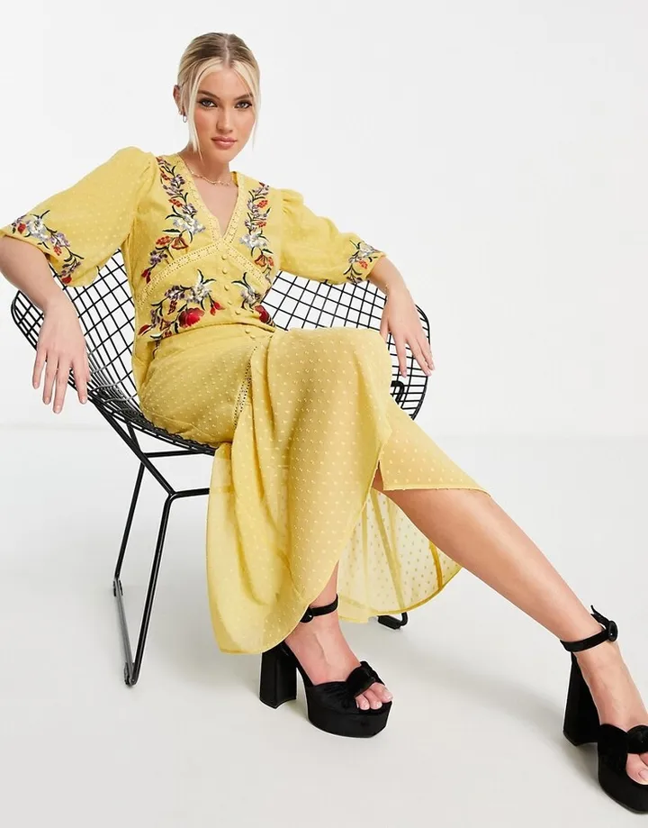 Hope & Ivy Juliana embroidered midi dress in yellow