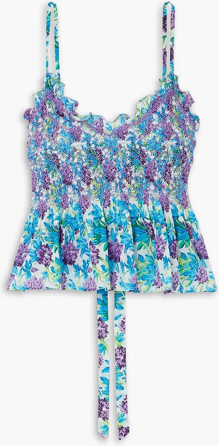 Vera ruffled smocked floral-print cotton-voile camisole