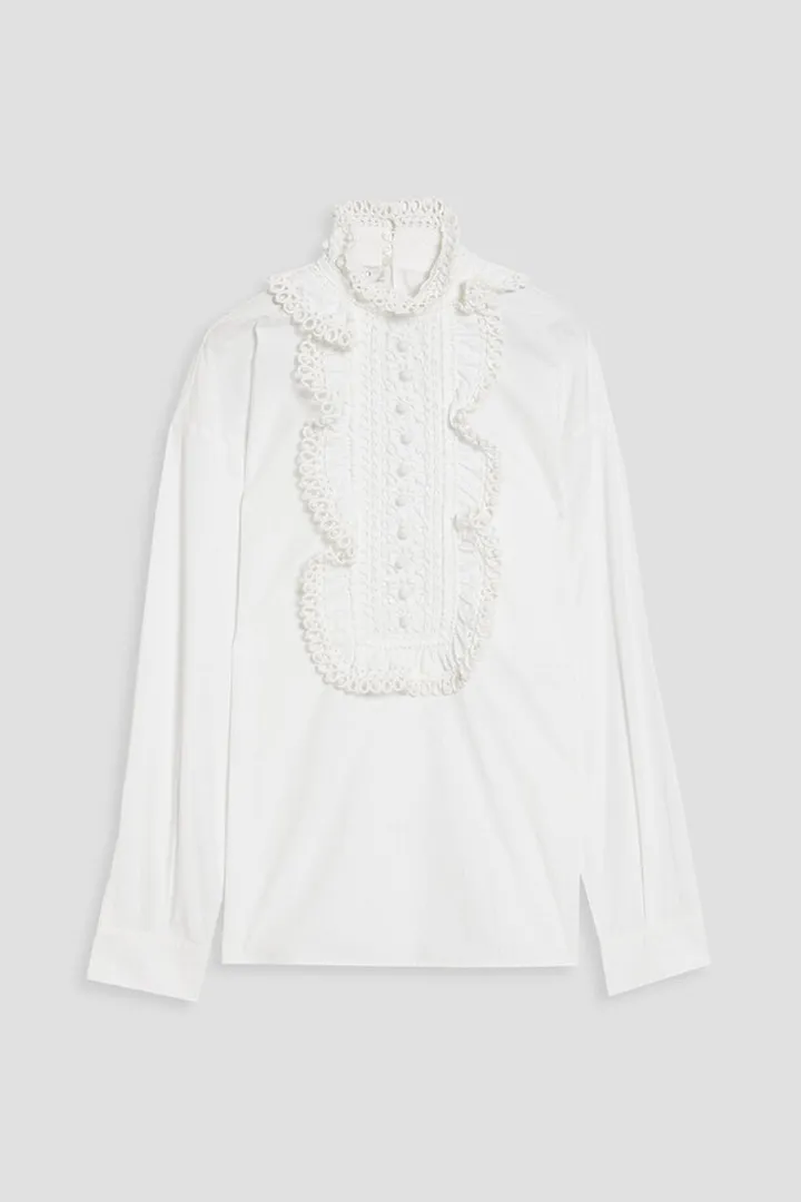 Lace-trimmed ruffled cotton-poplin blouse