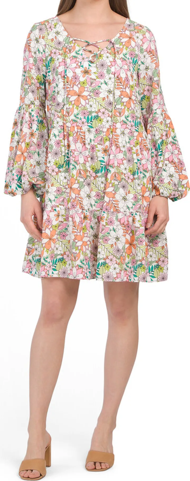 Floral Balloon Sleeve Tiered Mini Dress