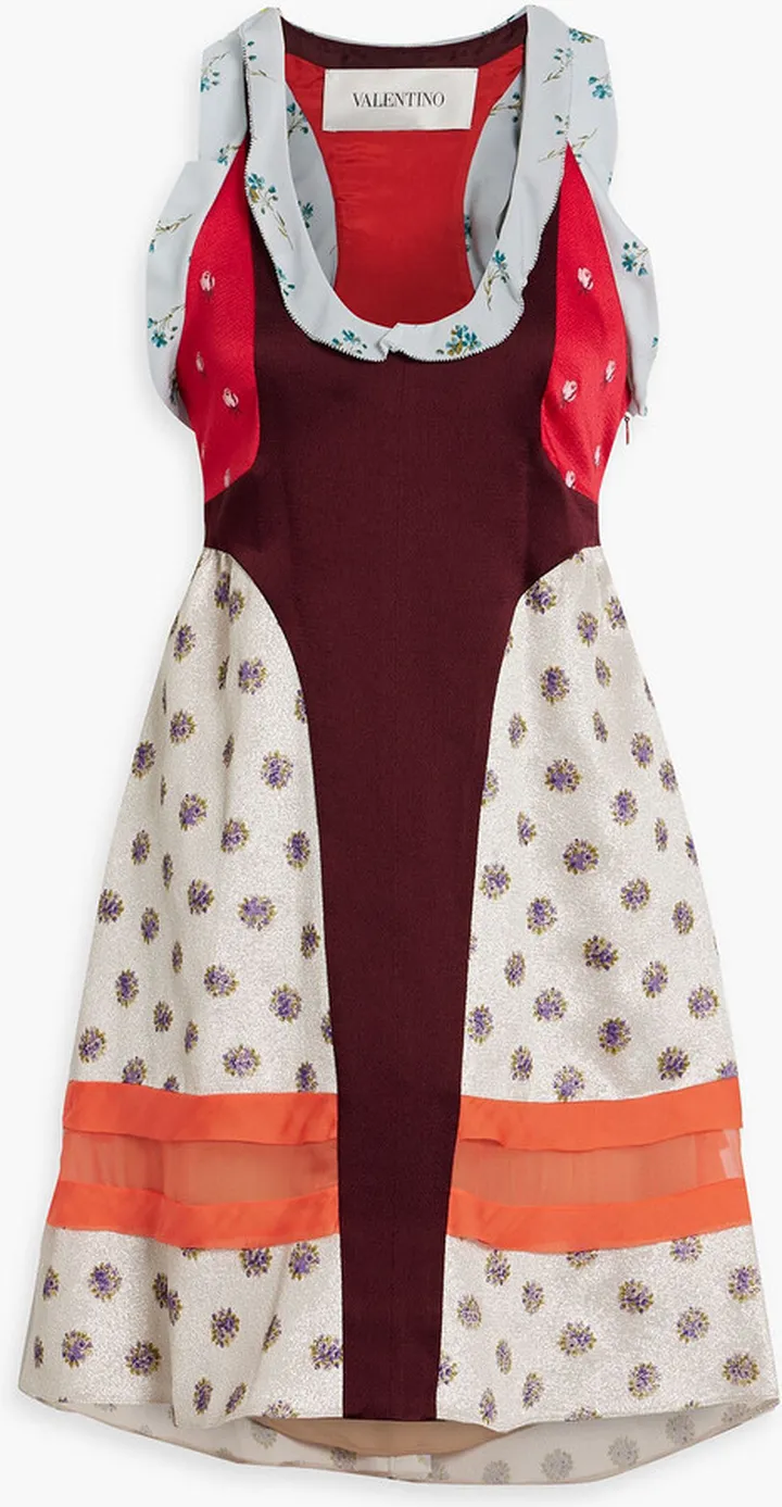 Silk chiffon-paneled metallic textured-crepe mini dress