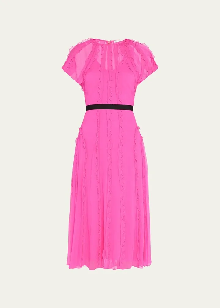 Lattice Ruffle Crinkle Chiffon Midi Day Dress