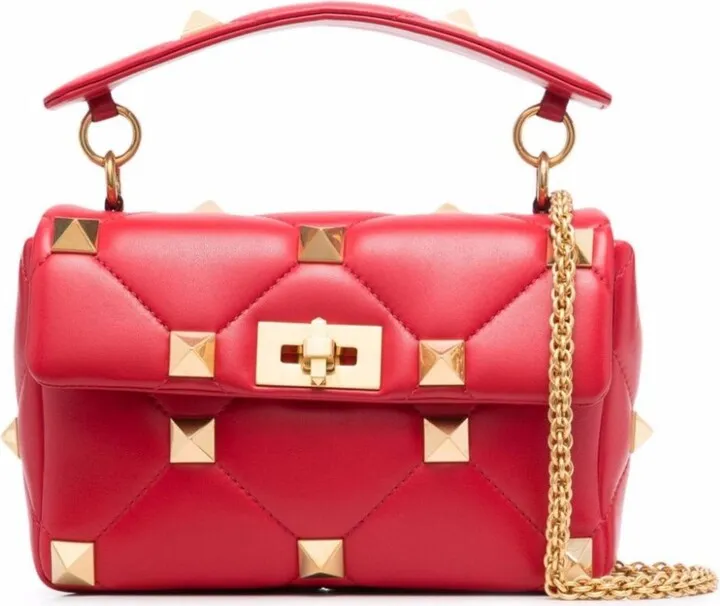 Red Roman Stud Medium Leather Shoulder Bag
