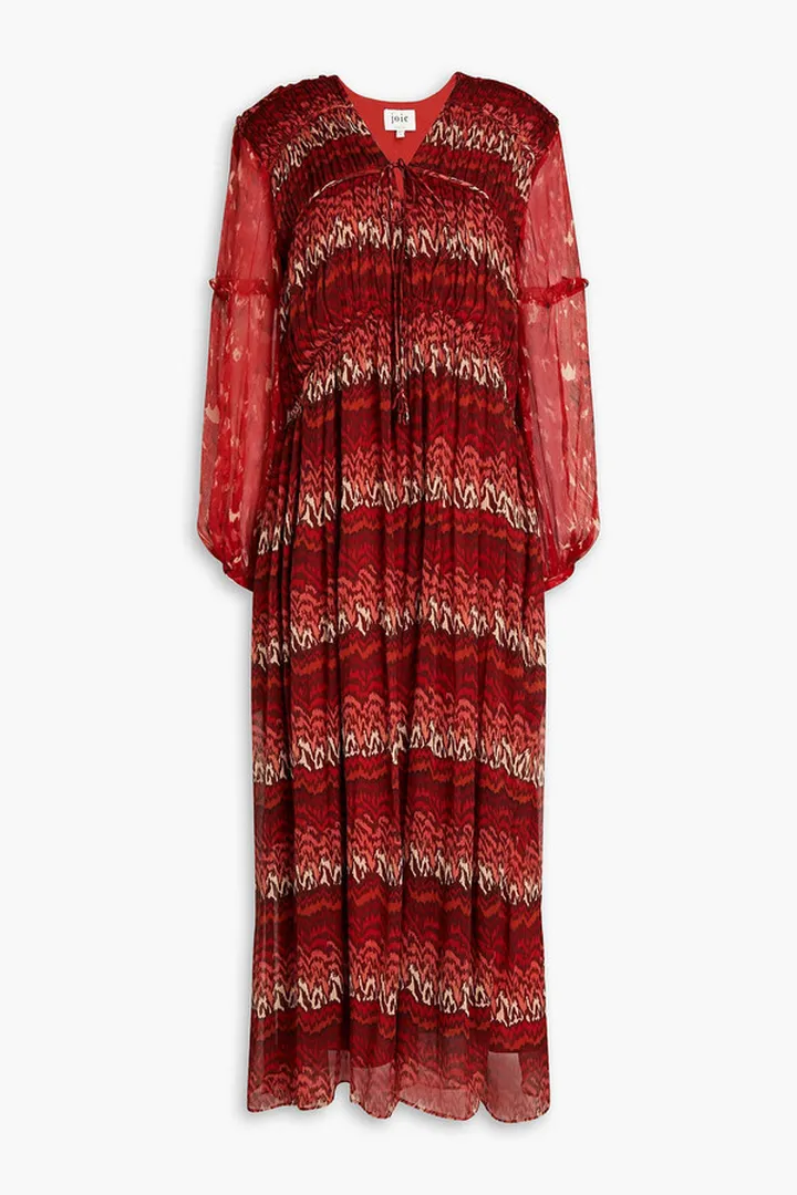 Gathered ruffle-trimmed printed silk-crepon midi dress