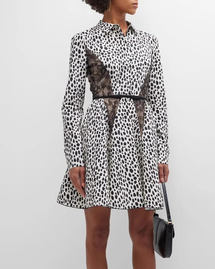 Cheetah-Print Lace-Inset Popeline Shirtdress