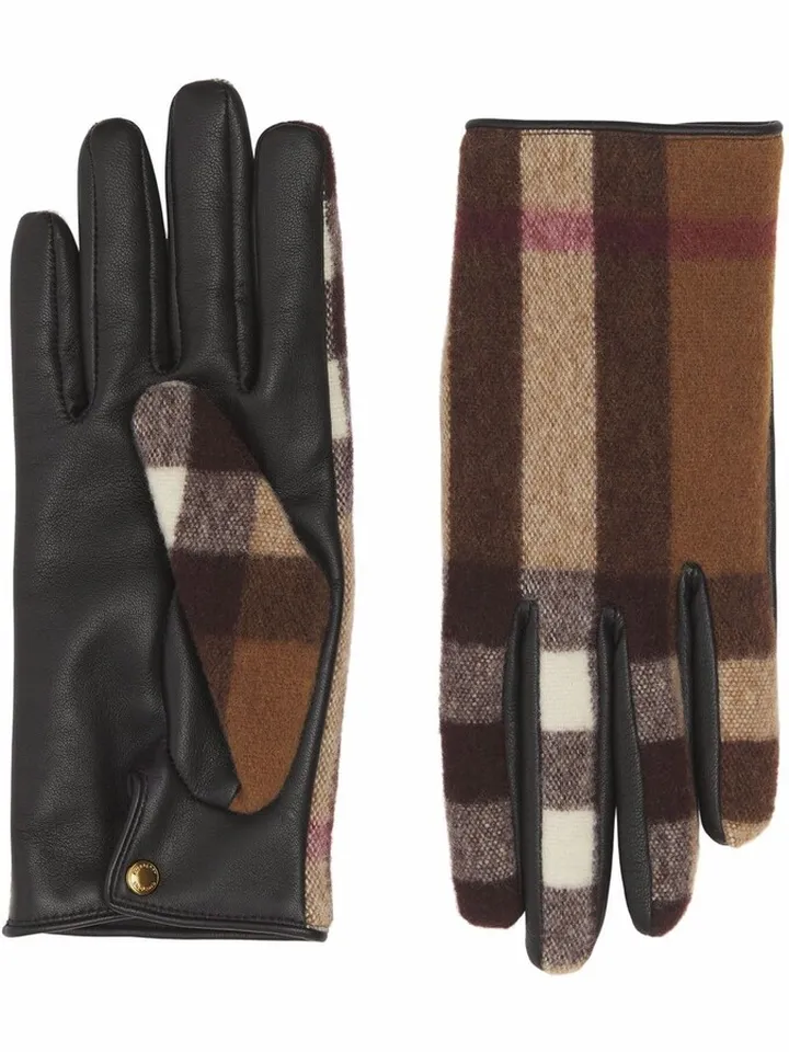 Check-Panel Leather Gloves