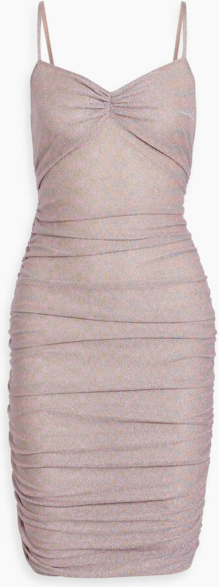 Ruched metallic crochet-knit mini dress