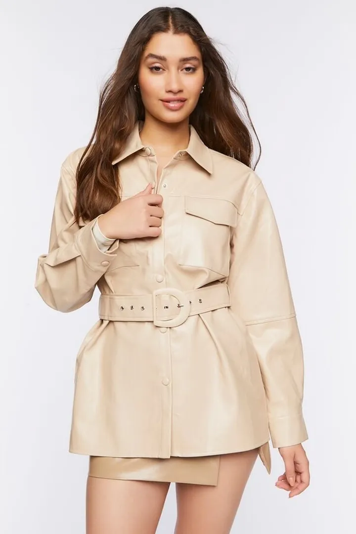 Faux Leather Belted Trench Jacket