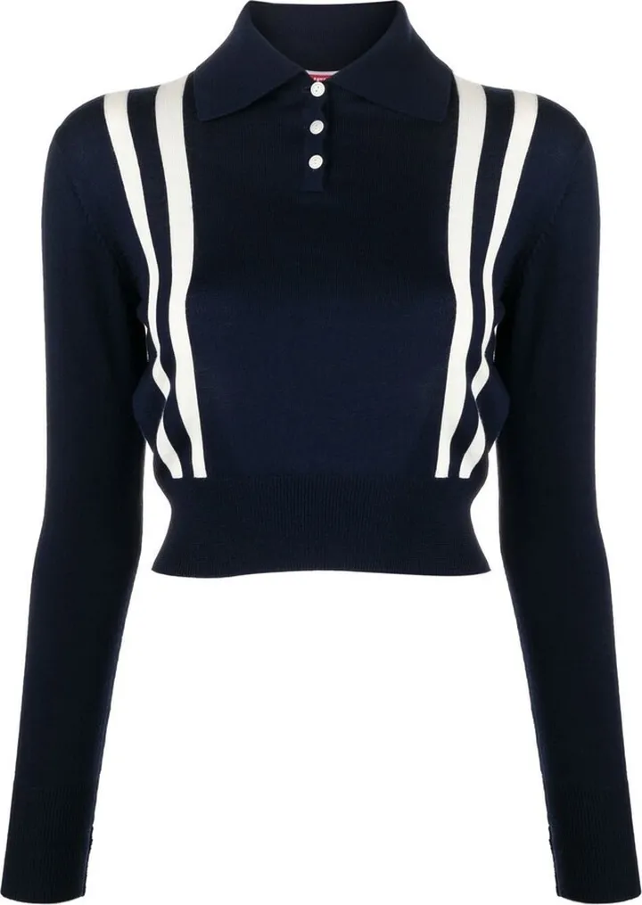 Stripe-Trim Wool Polo Top