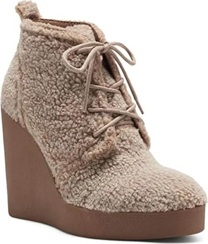 Jessica Simpson Women's Mesila Sherpa Lace Up Wedge Ankle Bootie Tan 9