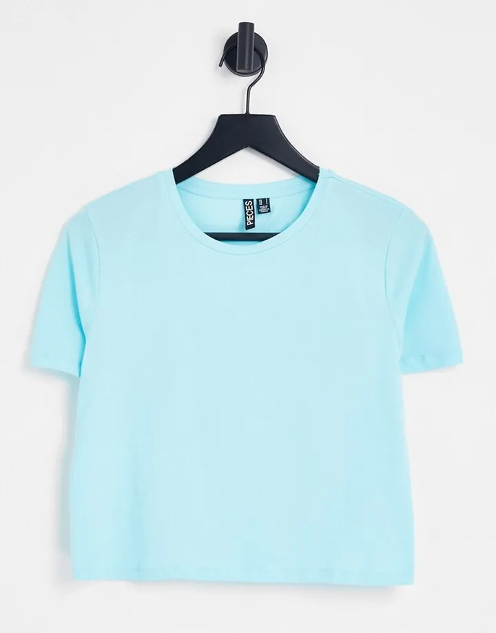 Pieces cropped t-shirt in turquoise