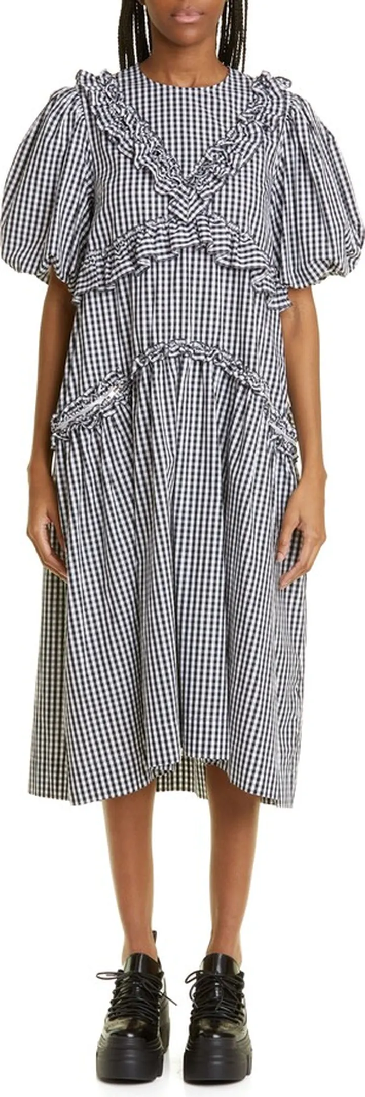 Puff Sleeve Ruffle Trim Gingham Check Midi Dress