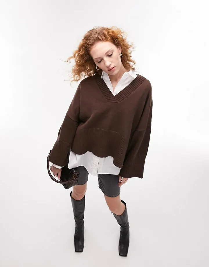 Topshop knitted notch detail v neck longline sweater in chocolate