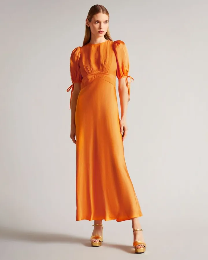 Tie Detail Satin Tea Dress in Orange