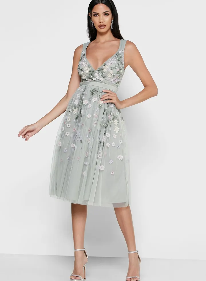 Embroidered Pleated Dress