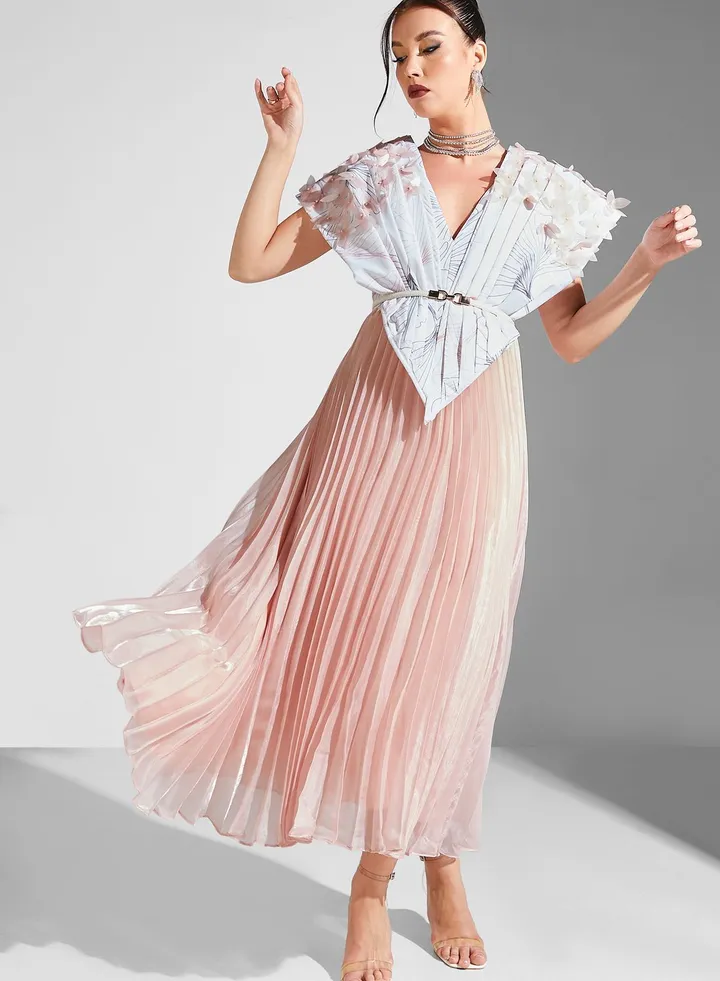 Plisse Belted Embellished Dress
