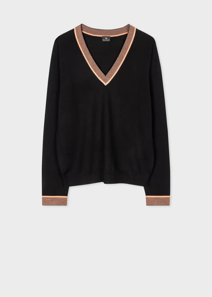Women's Black Contrast V Neck Sweater