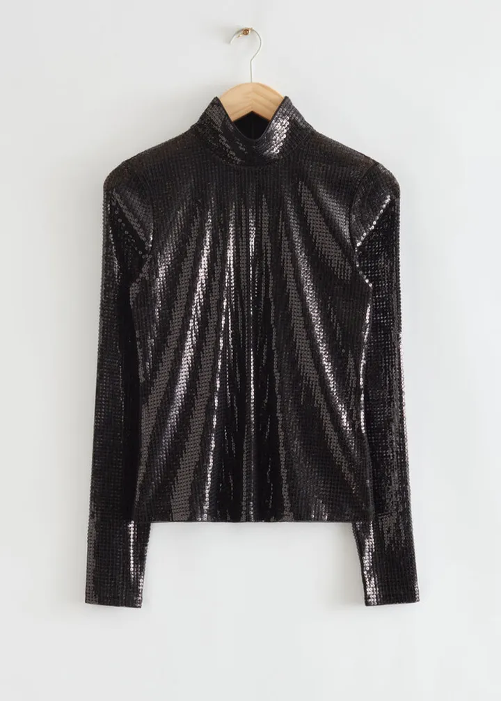 Fitted Sequin Turtleneck Top