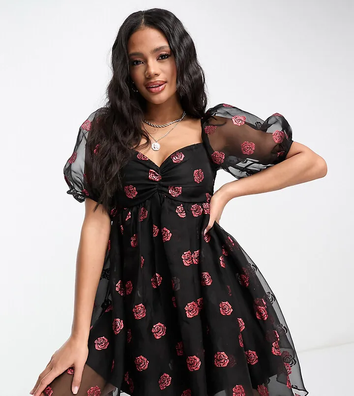 Lace & Beads Exclusive babydoll mini dress in ditsy glitter rose