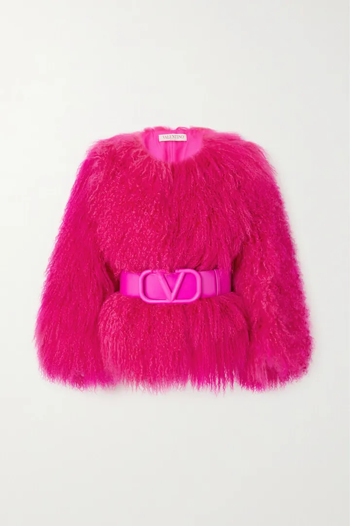 Valentino Garavani - Belted Leather-trimmed Shearling Coat - Pink