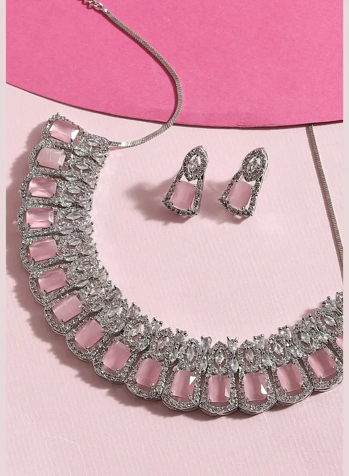 Silver Plated American Diamond and Designer Stone Party Necklace and Earring Set For Women